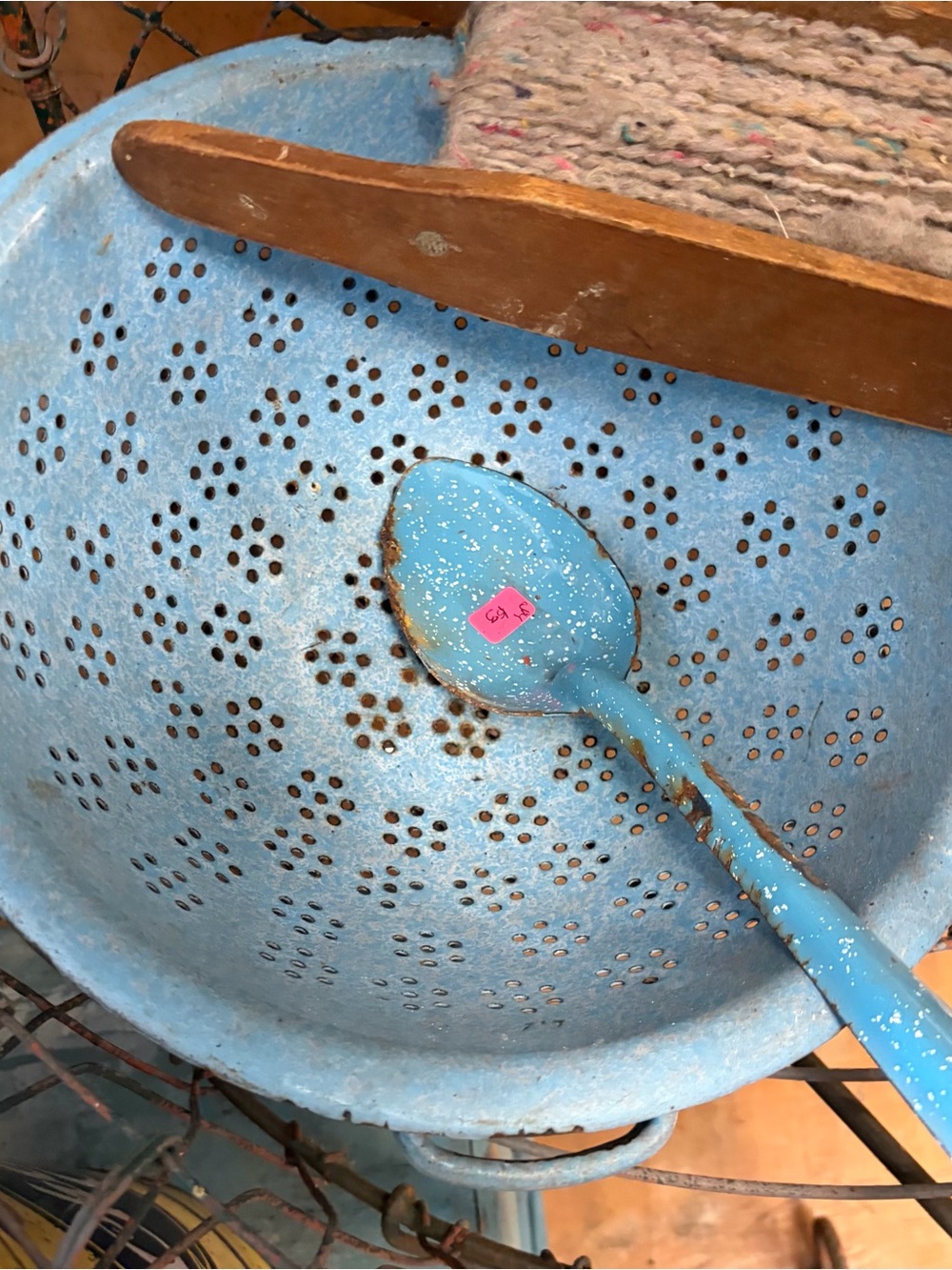 Vintage Blue Speckled Enamel Colander with Matching Spoon